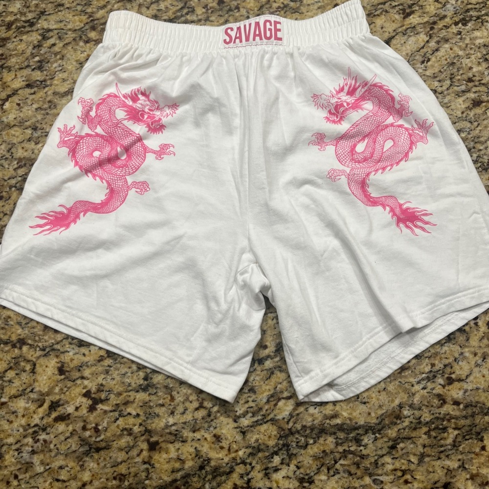 Faded Rose Savage Dragon Graphic Shorts White Pink Mens Large Streetwear Lounge